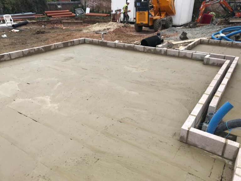 Concrete slab with blockwork perimeter on a new build.