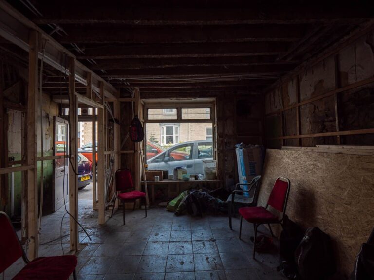 Ground floor stripped back to joists during a house renovation.
