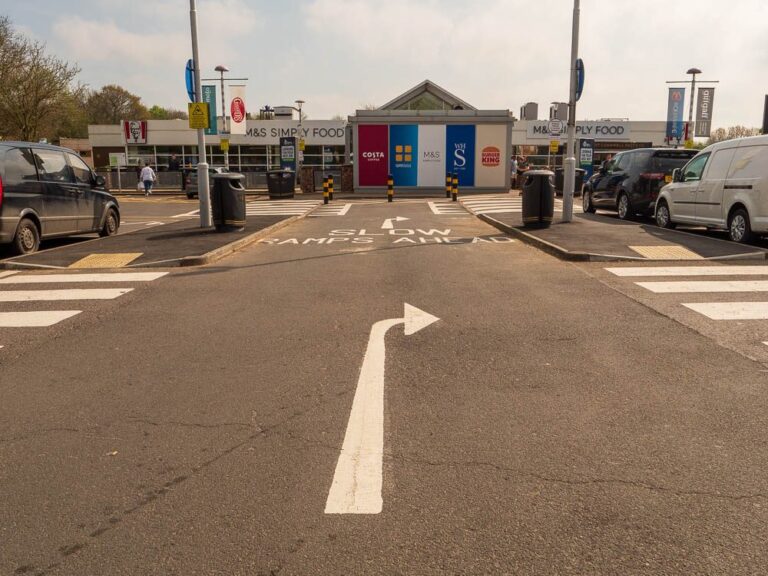 Newly surfaced entrance road with lining at Moto Leigh Delamere Services.