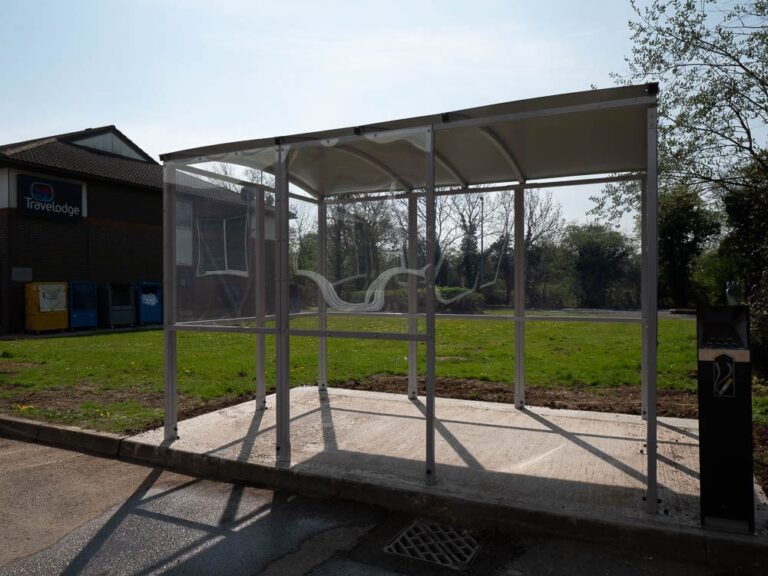 Completed smoking shelter and base at Moto Leigh Delamere Services.